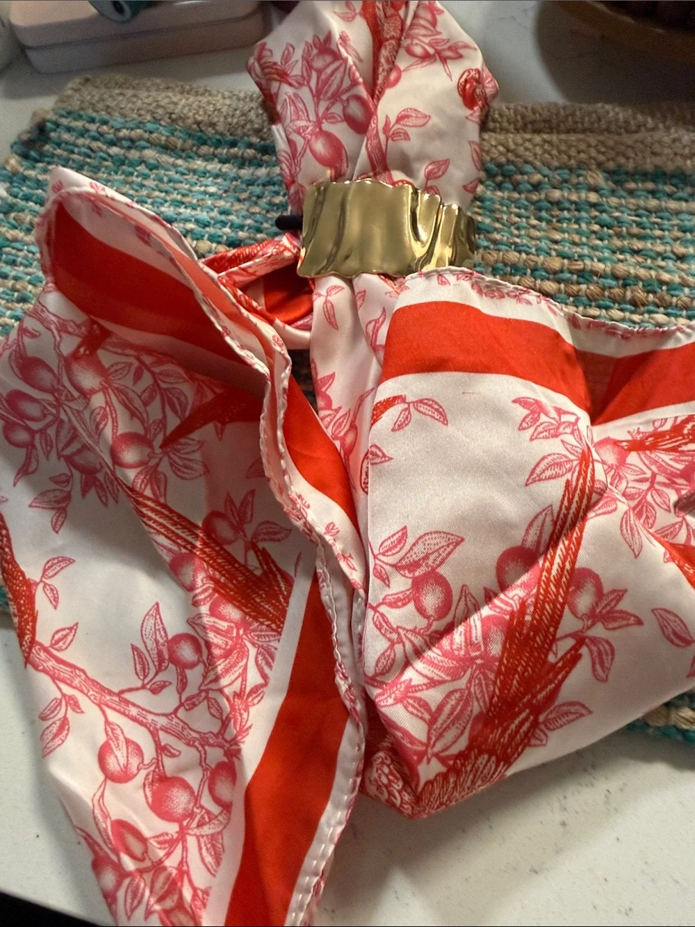 🌷NEW🌷Silk Floral Print Scarf with Gold Accent - Red & White